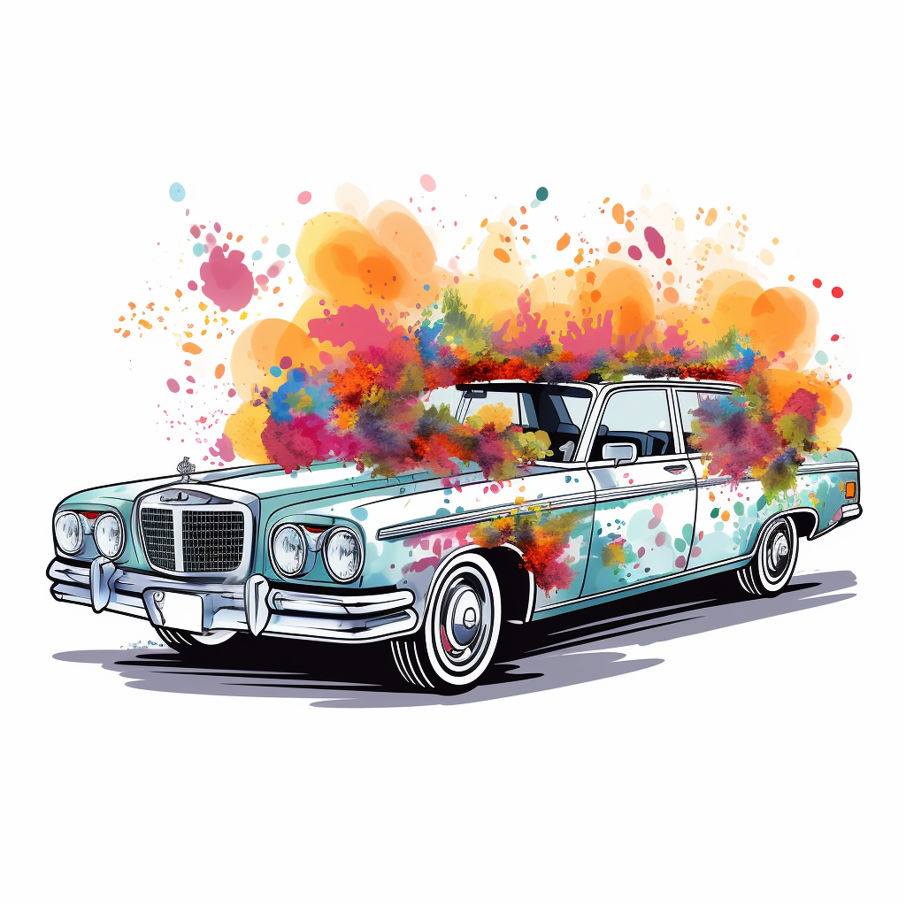 Decorated wedding car with smoke bombs