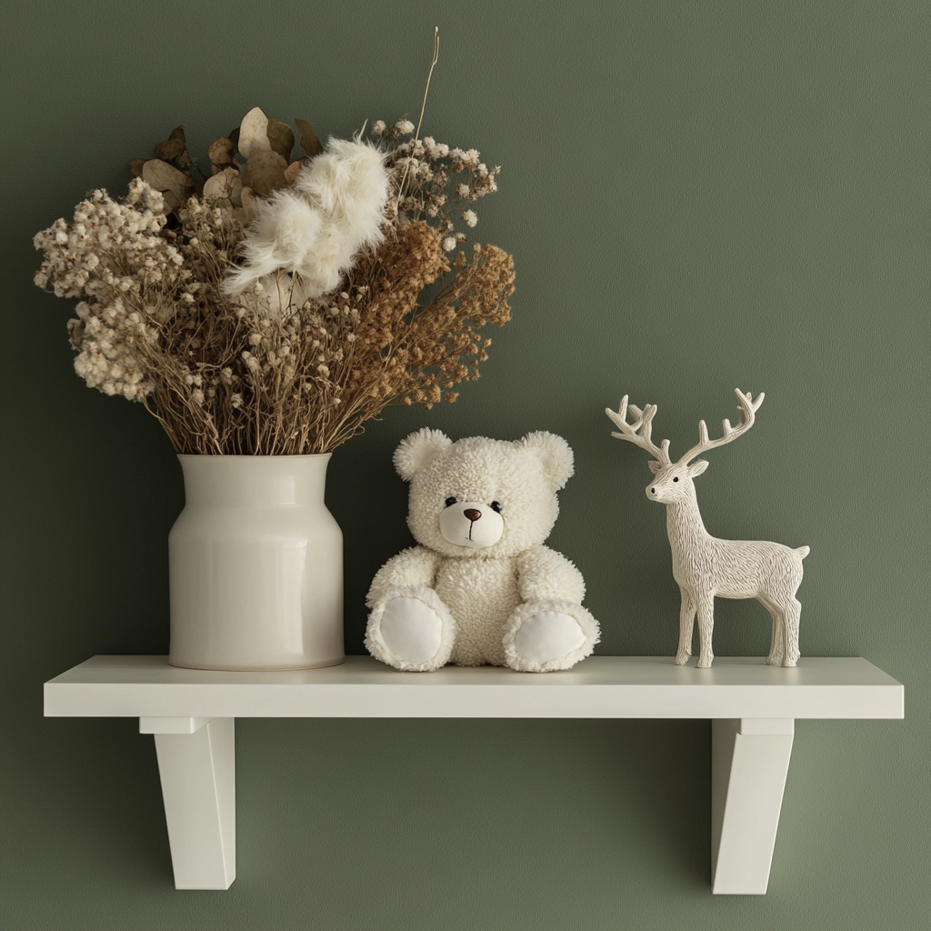 White Shelf with Teddy Bear, Flower Vase, Reindeer