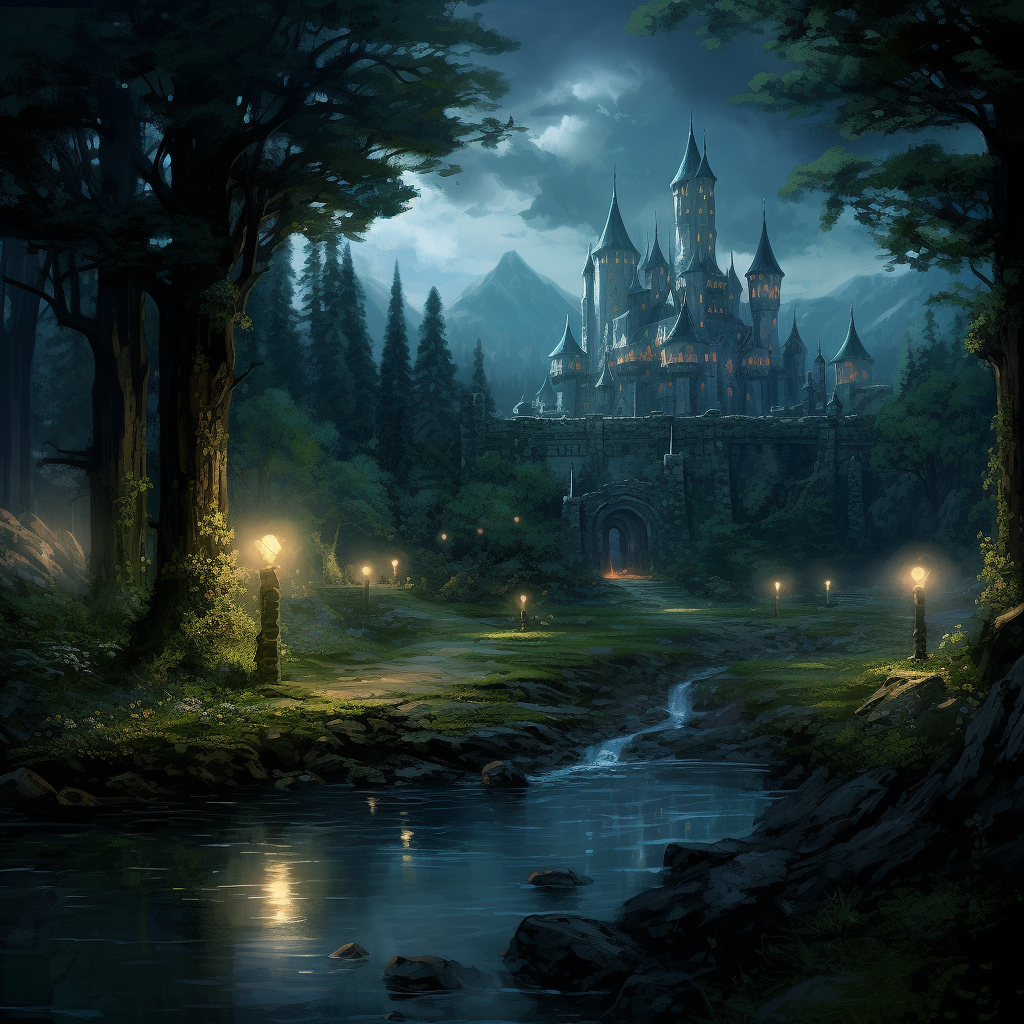 Ethereal deep forest scenery with castle