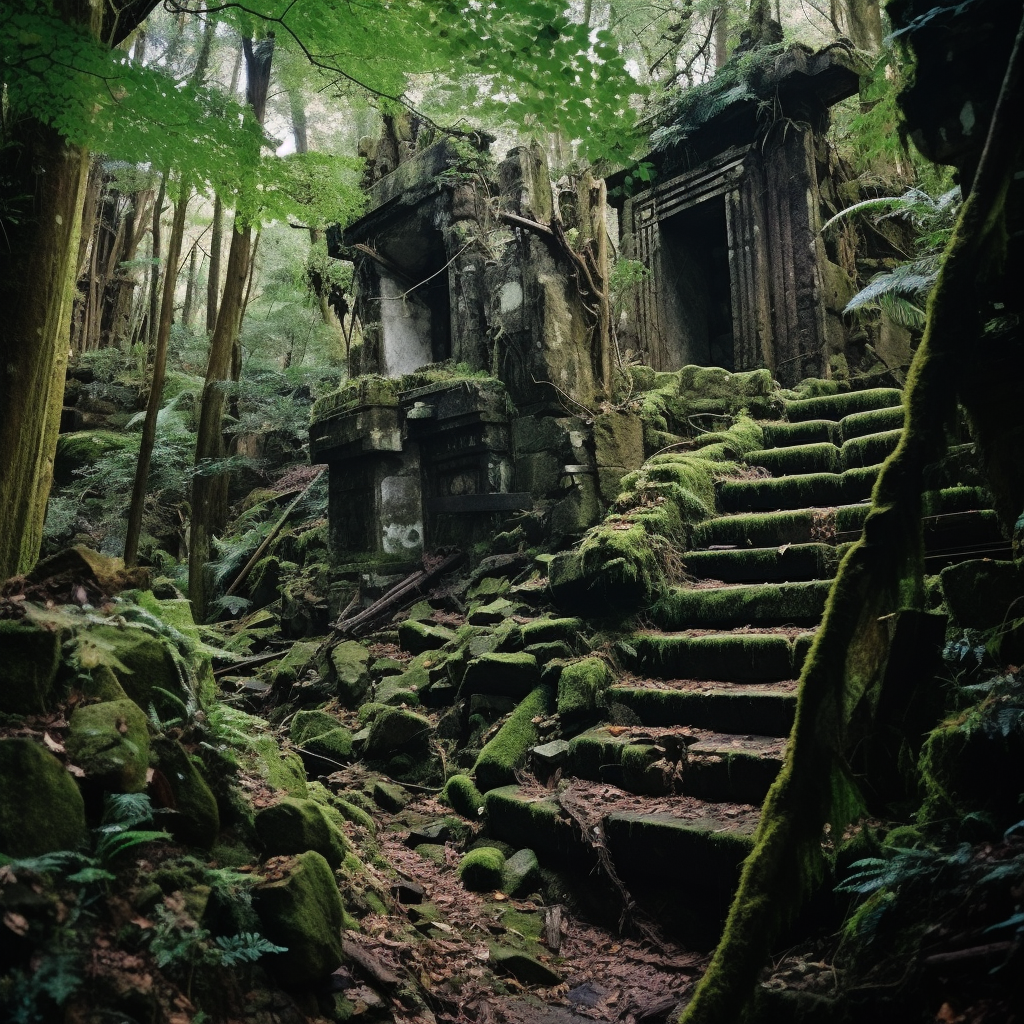 Ancient ruined shrine in deep forest