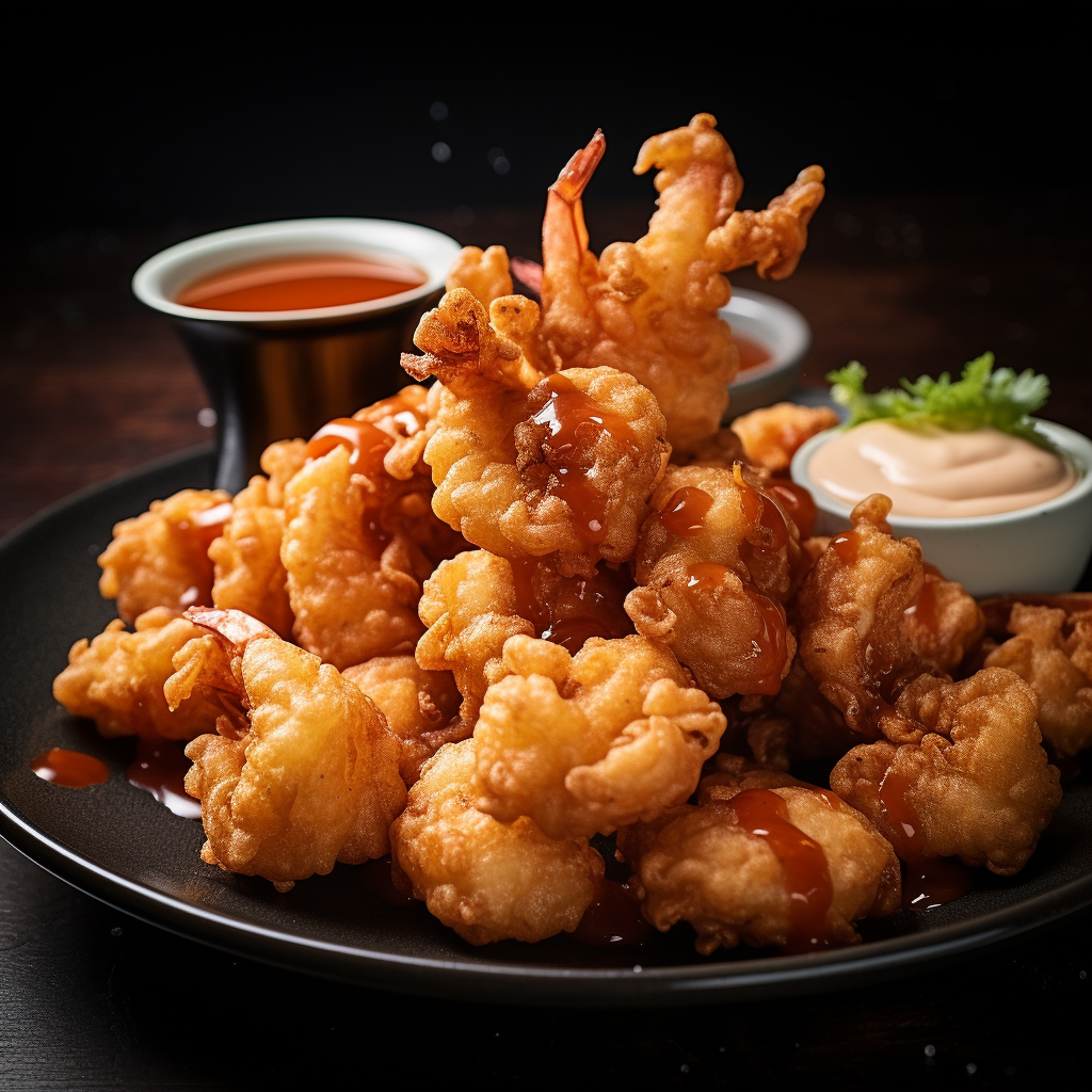 Close up of deep fried popcorn shrimp platter