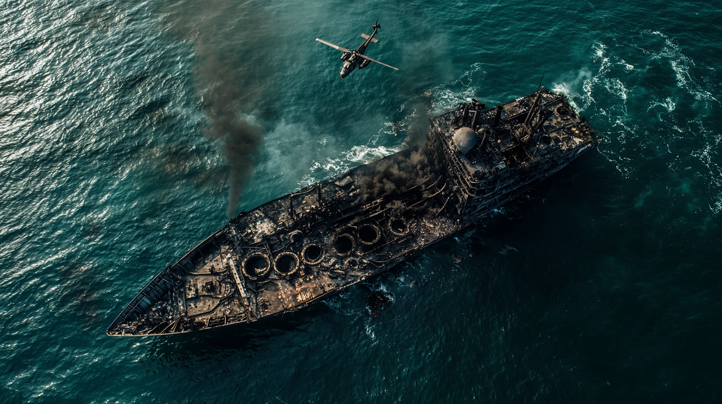 burned deep sea ship wreck