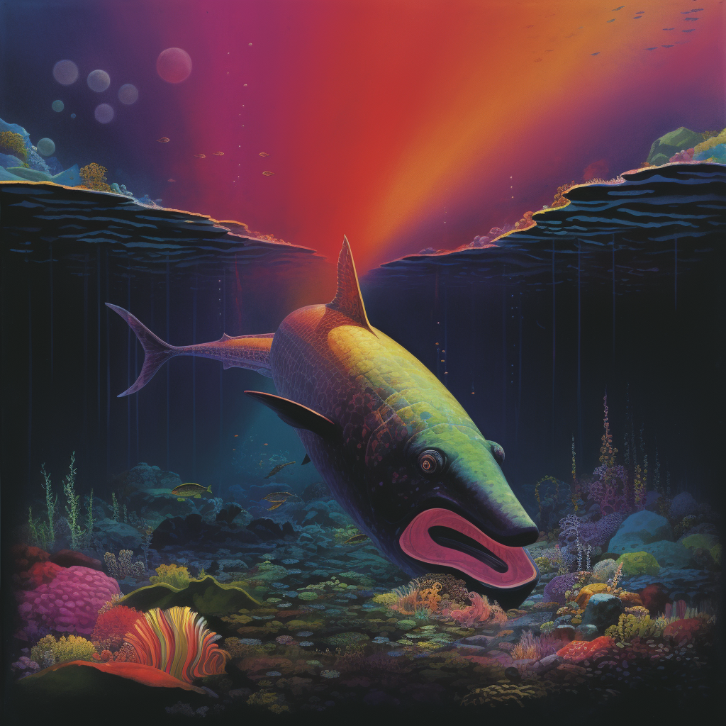 Colorful album cover with deep underwater whale