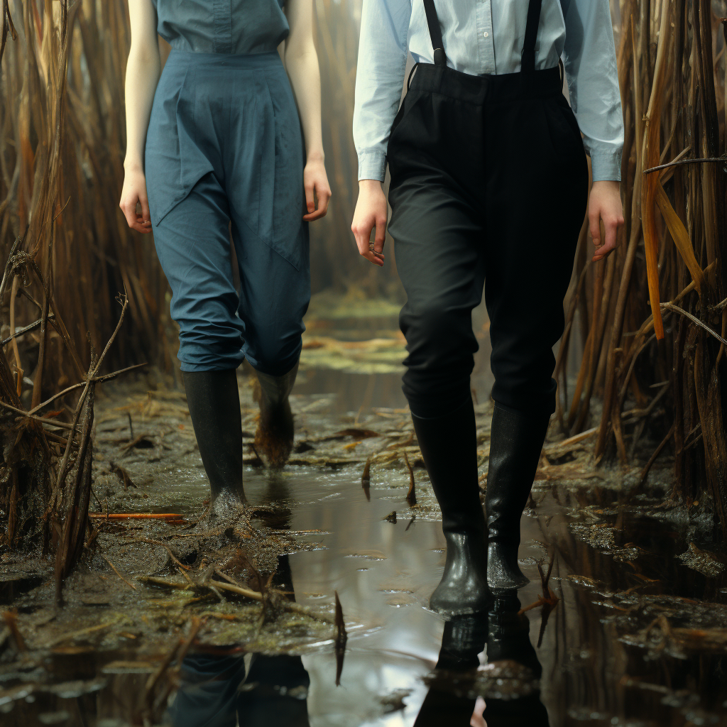 Two women walking in a deep swamp