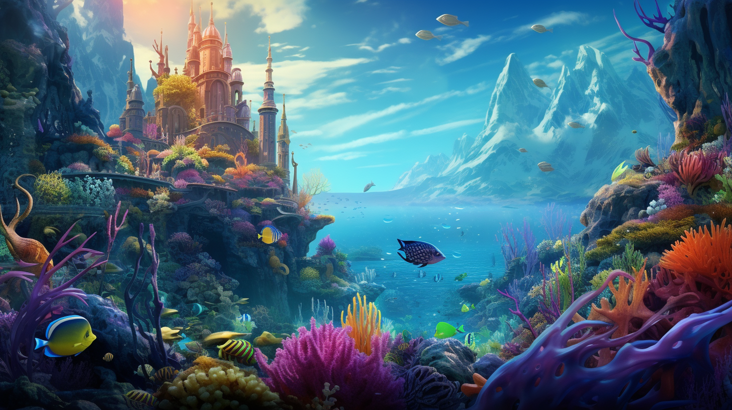 Colorful underwater scenery with mountains, bubbles, and sea animals.