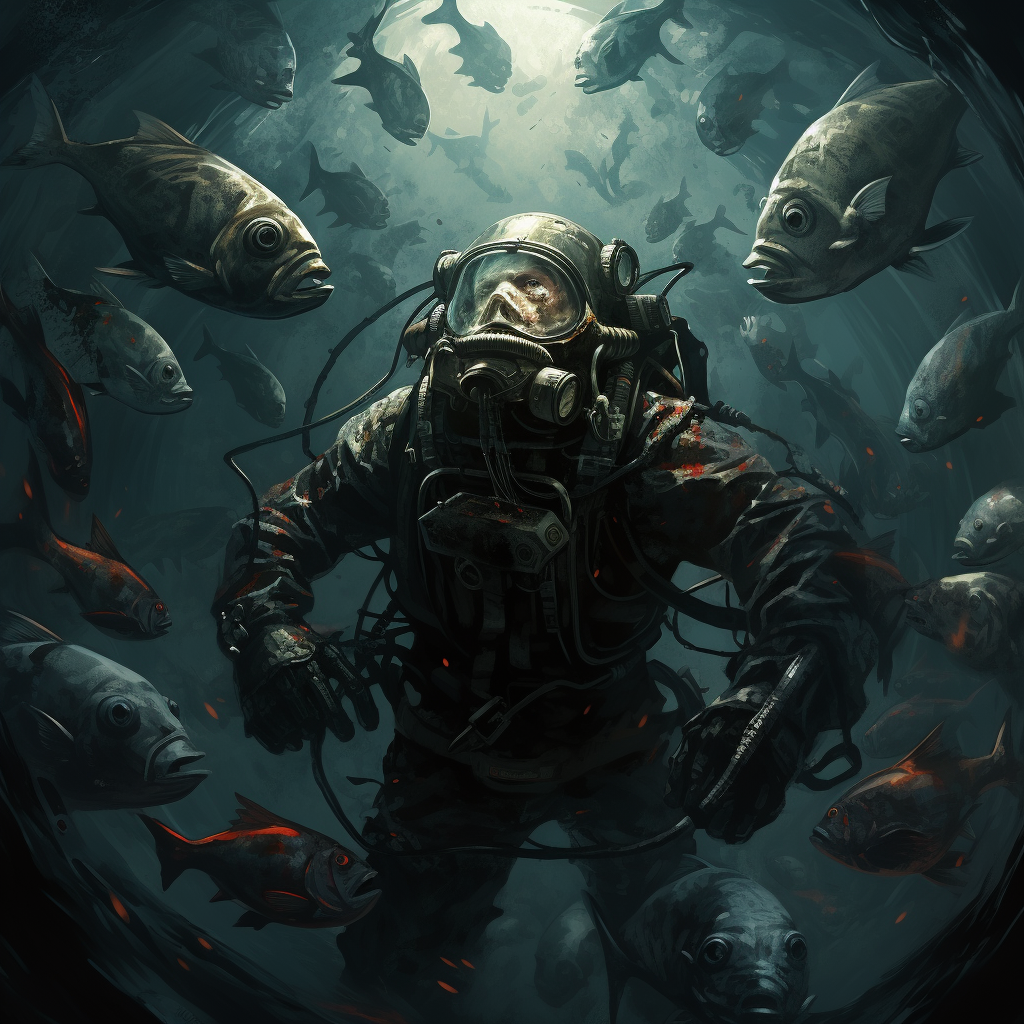 Deepsea diver surrounded by fish