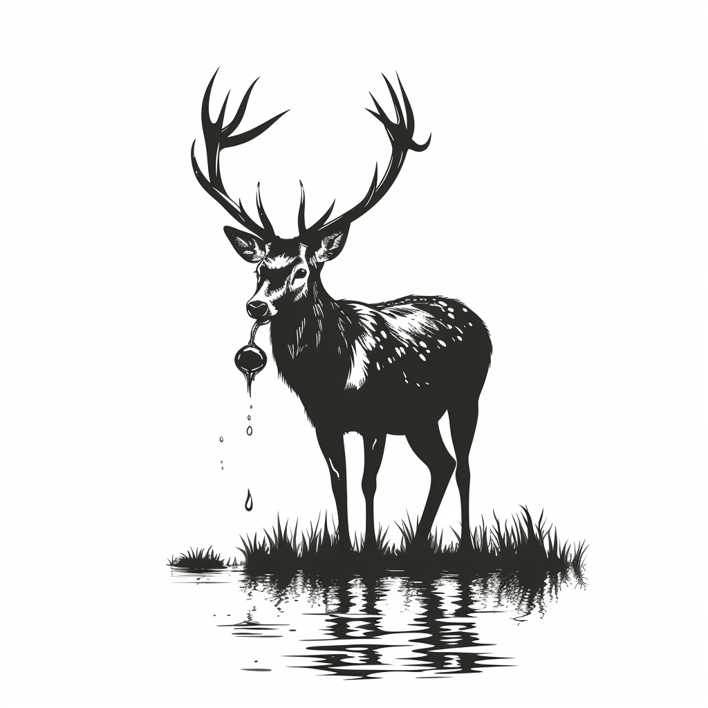 Black silhouette of a deer drinking