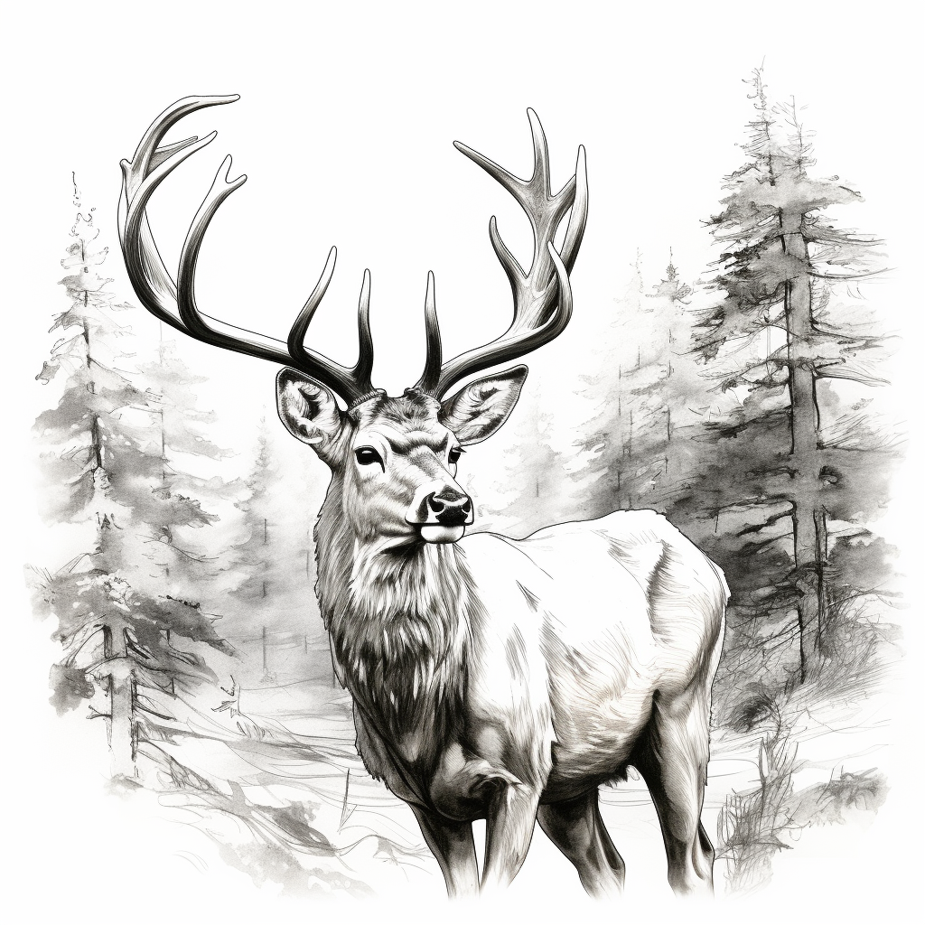 Black and white ink depiction of a deer