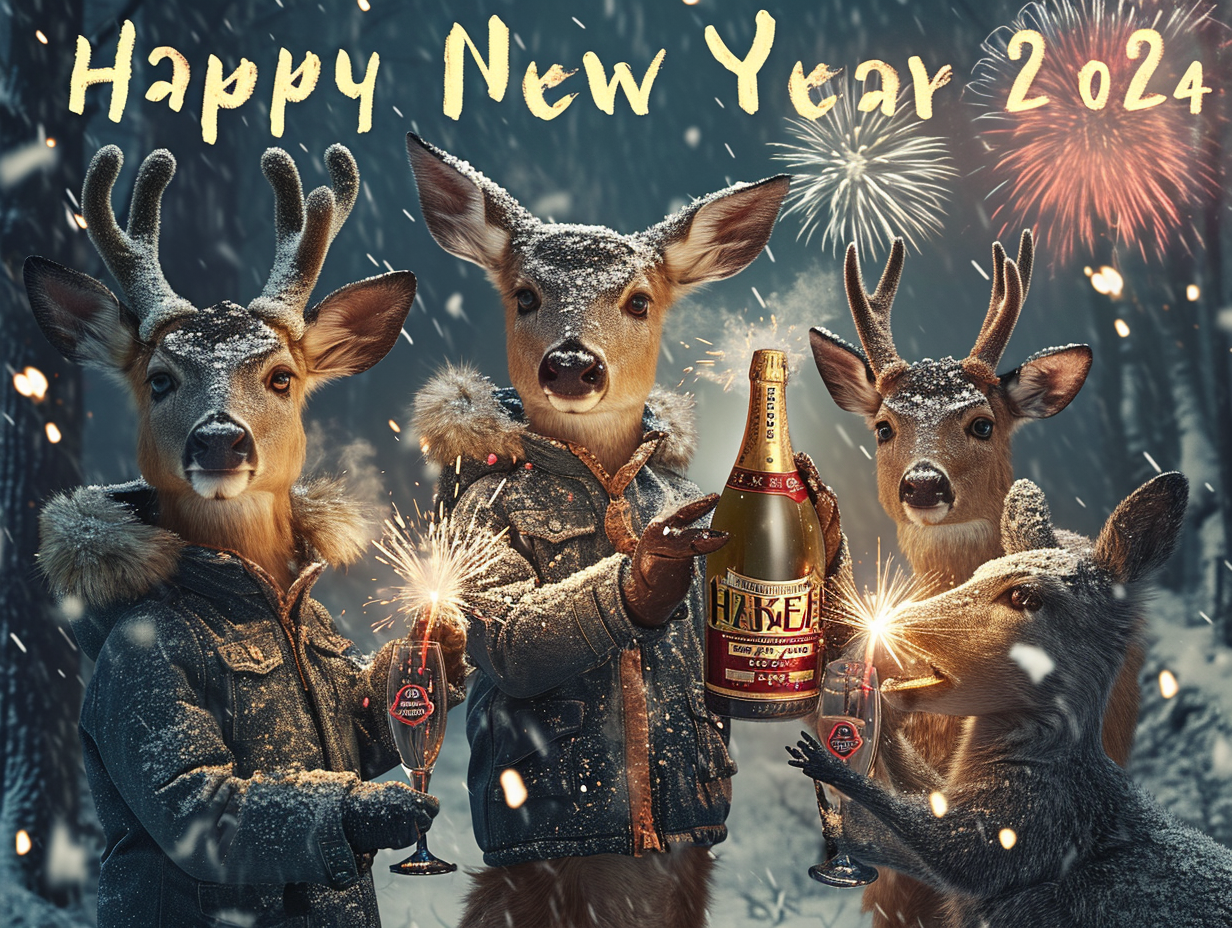 Deer family celebrating New Year 2024