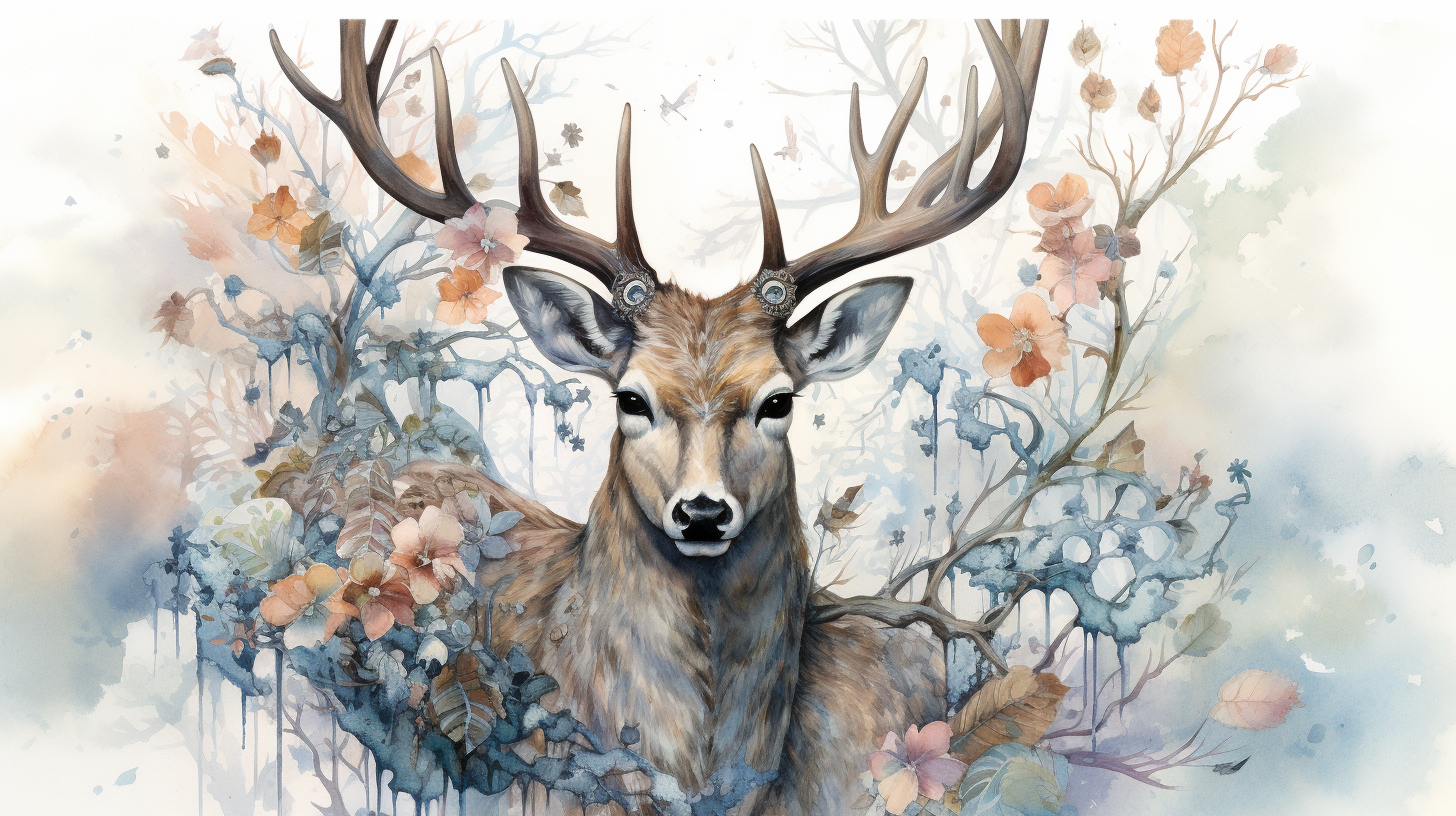 Winter forest fairy tale illustration with deer