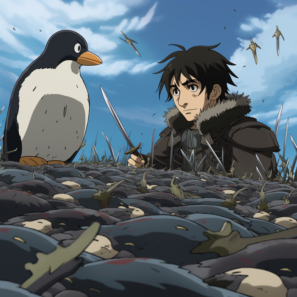 Penguin defeated by heroic sword-wielding man