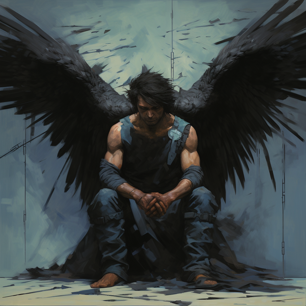 Illustration of defeated angel with black wings