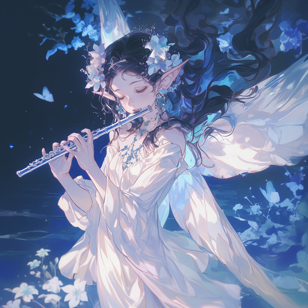 Delicate fairy with iridescent wings playing flute