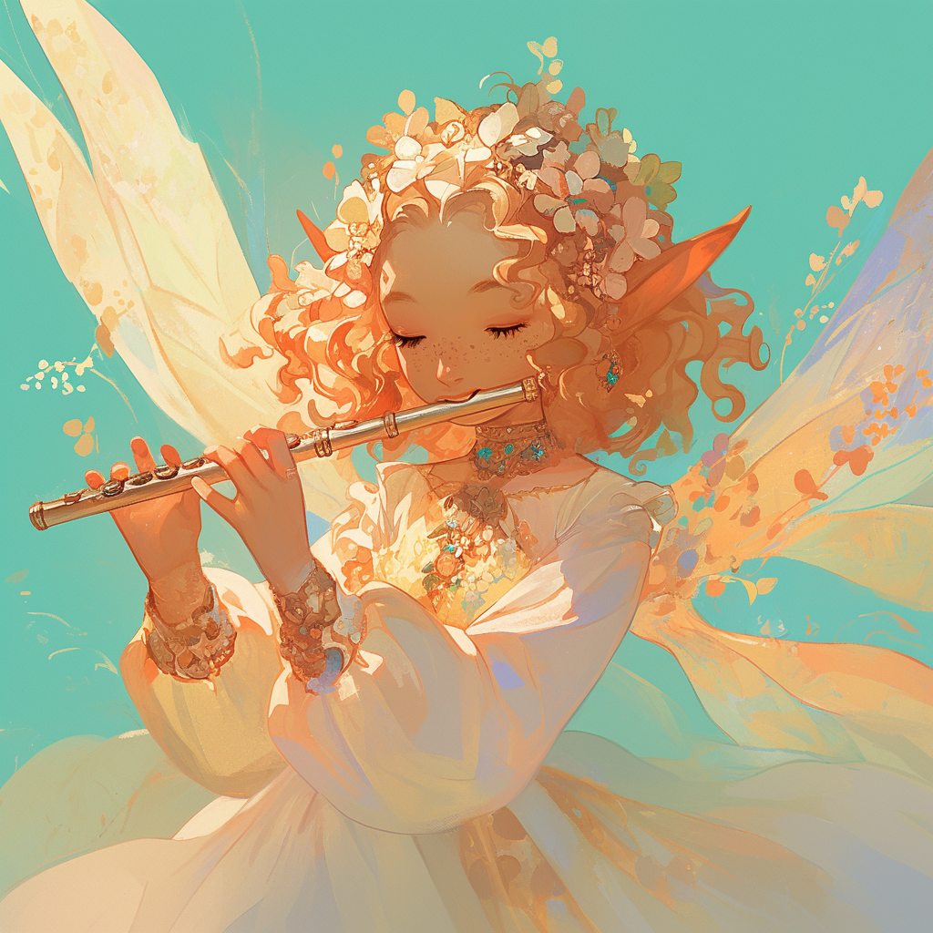 Small delicate fairy playing flute