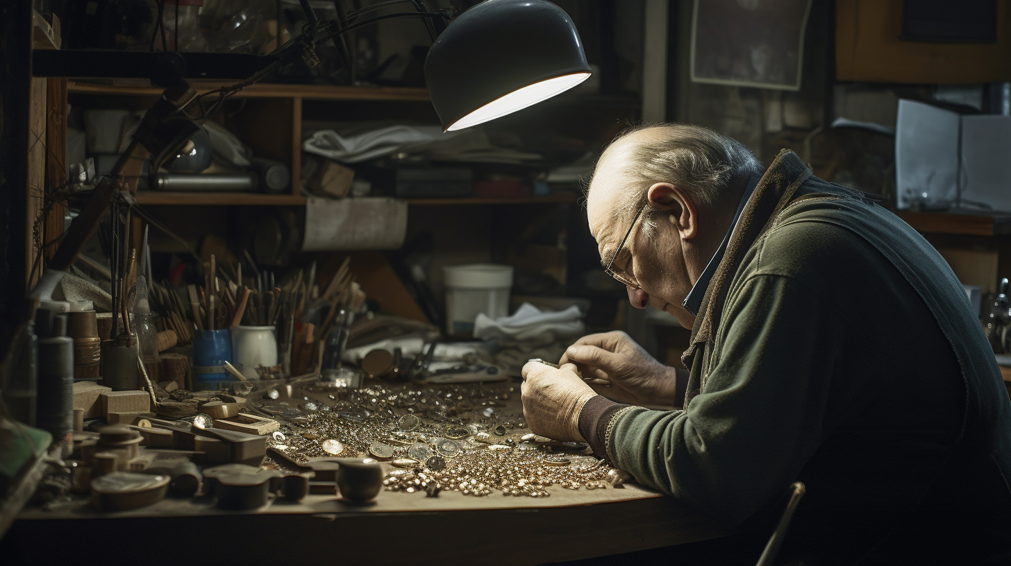 Jeweller repairing delicate necklace in workshop