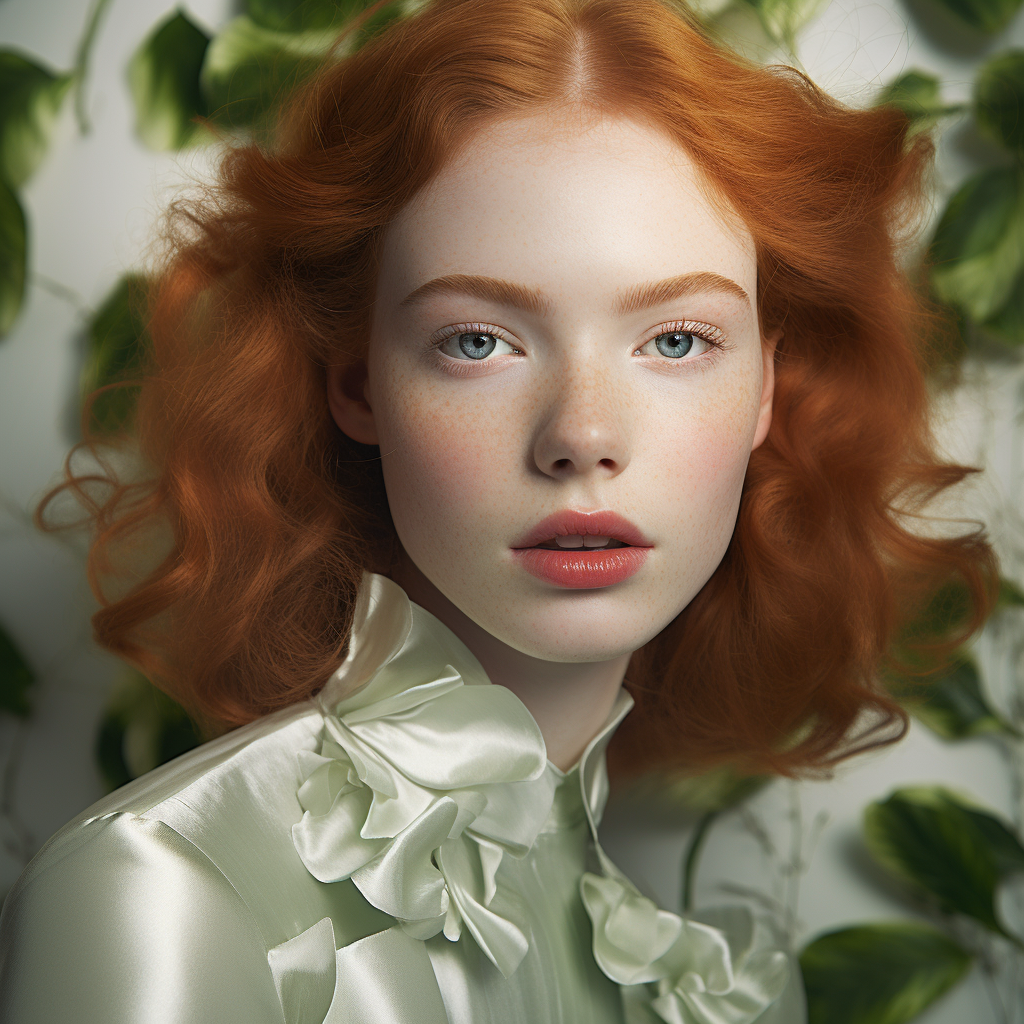 Portrait of Beautiful Pale Ginger Woman in Green Dress