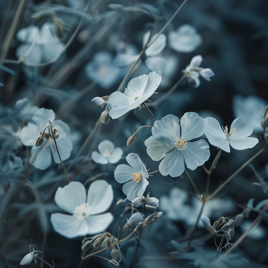 Small delicate wildflowers blooming in meadow