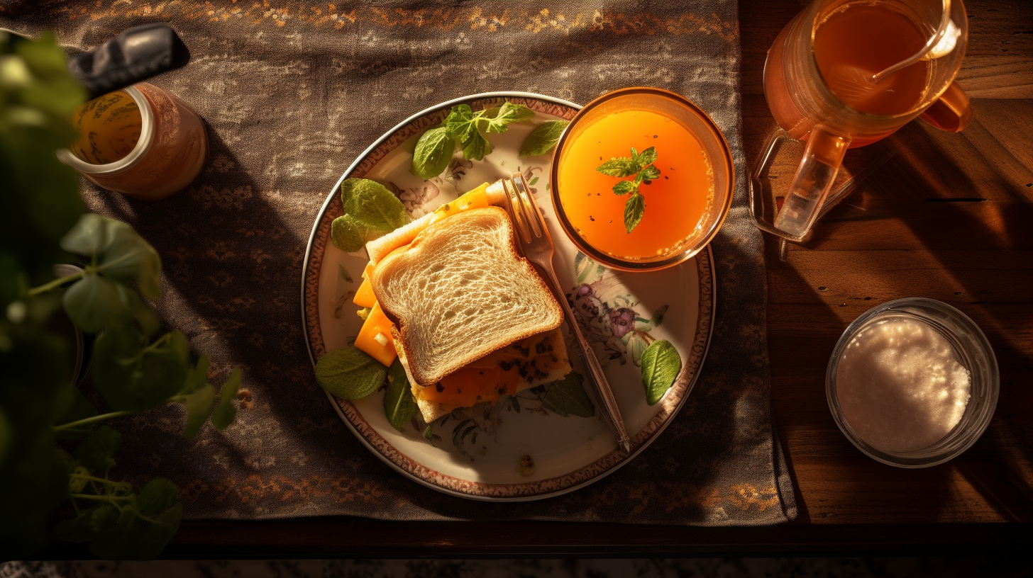 Delicious sandwich with orange juice on a table