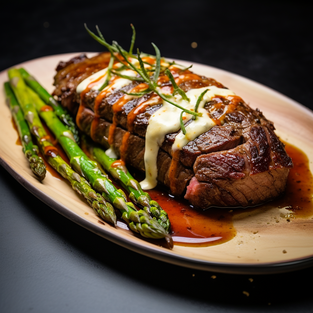 Succulent steak, baked potato, and asparagus