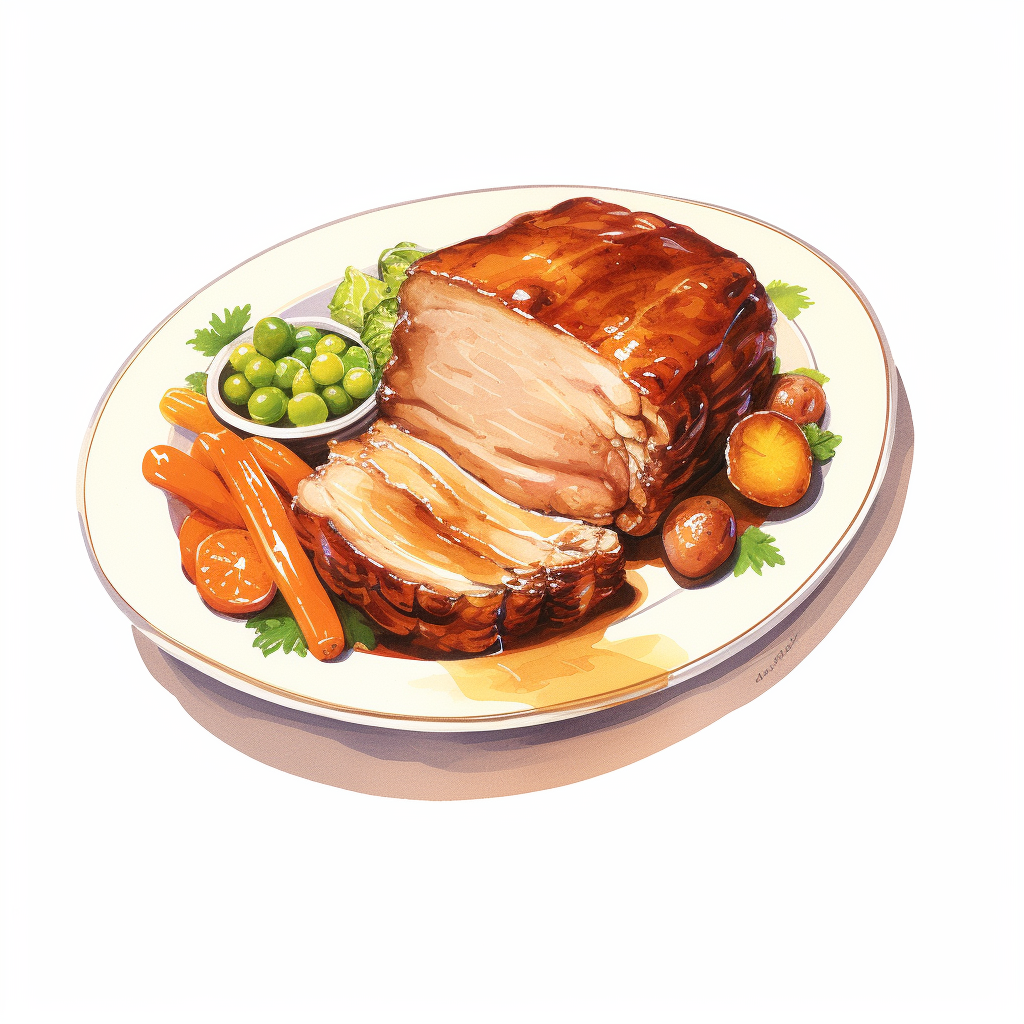 Golden brown pork roast with vegetables