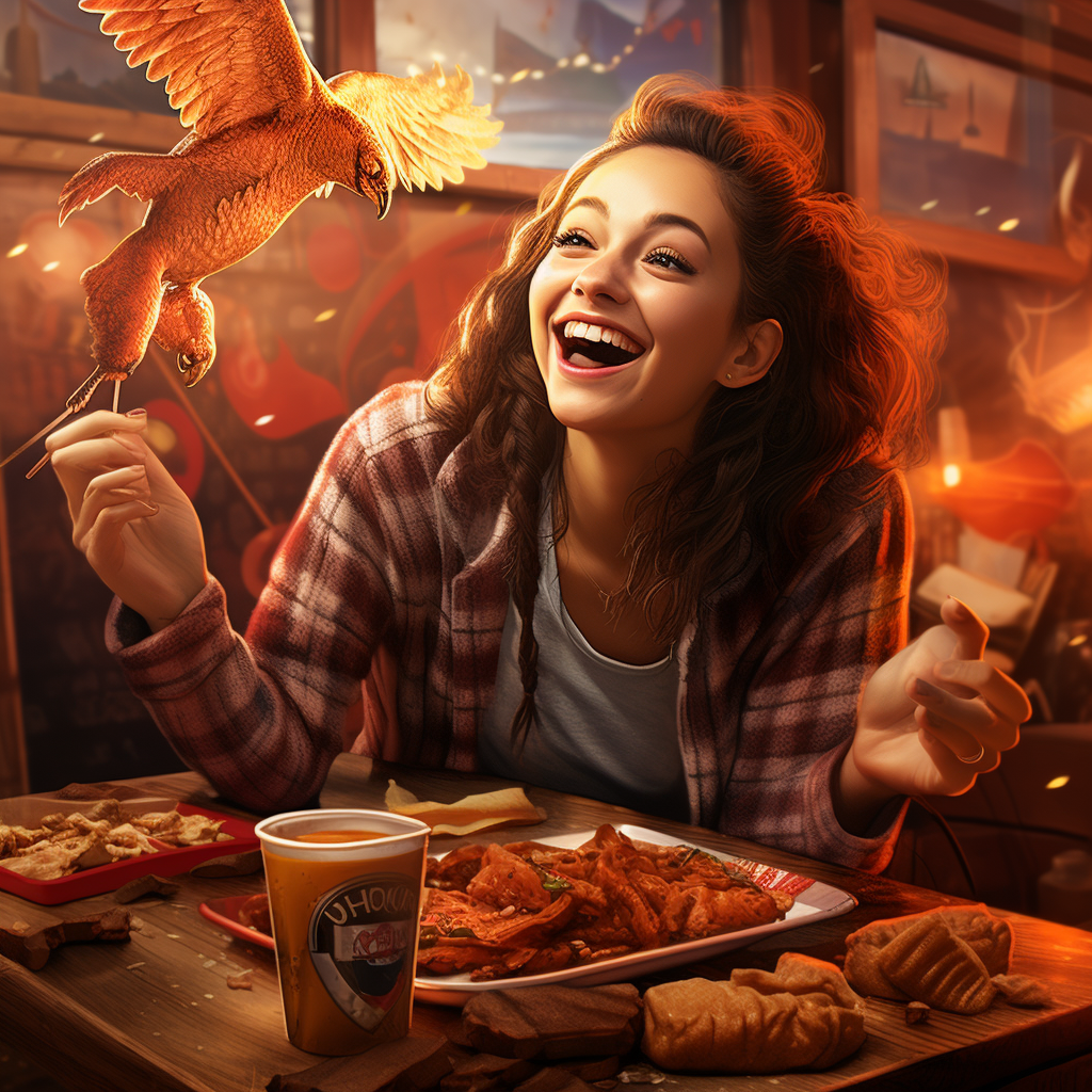 Chick with happy expression eating wings and nuggets