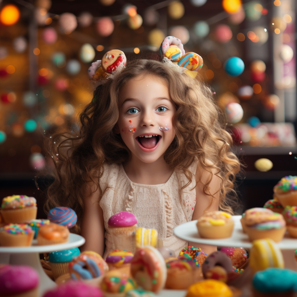 Young girl enjoying an abundance of sweets