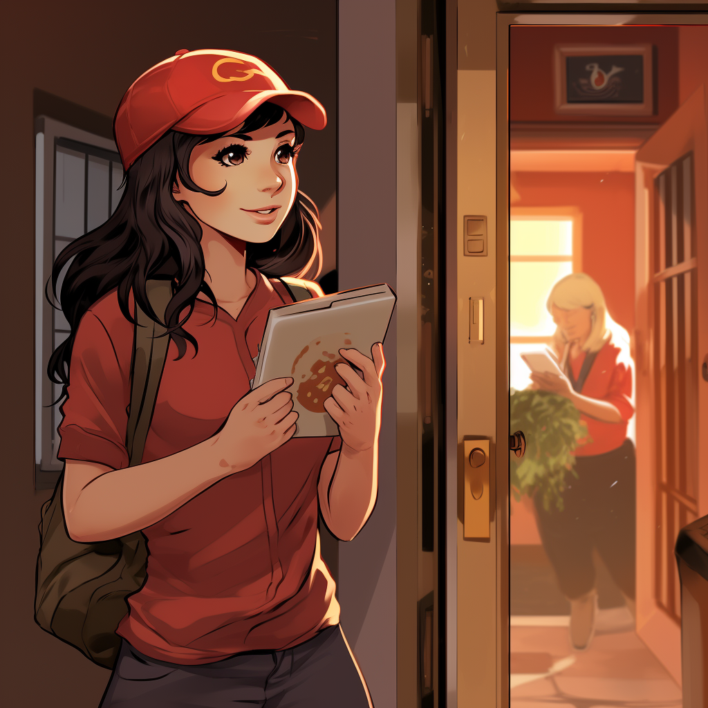 Smiling pizza delivery girl with tablet