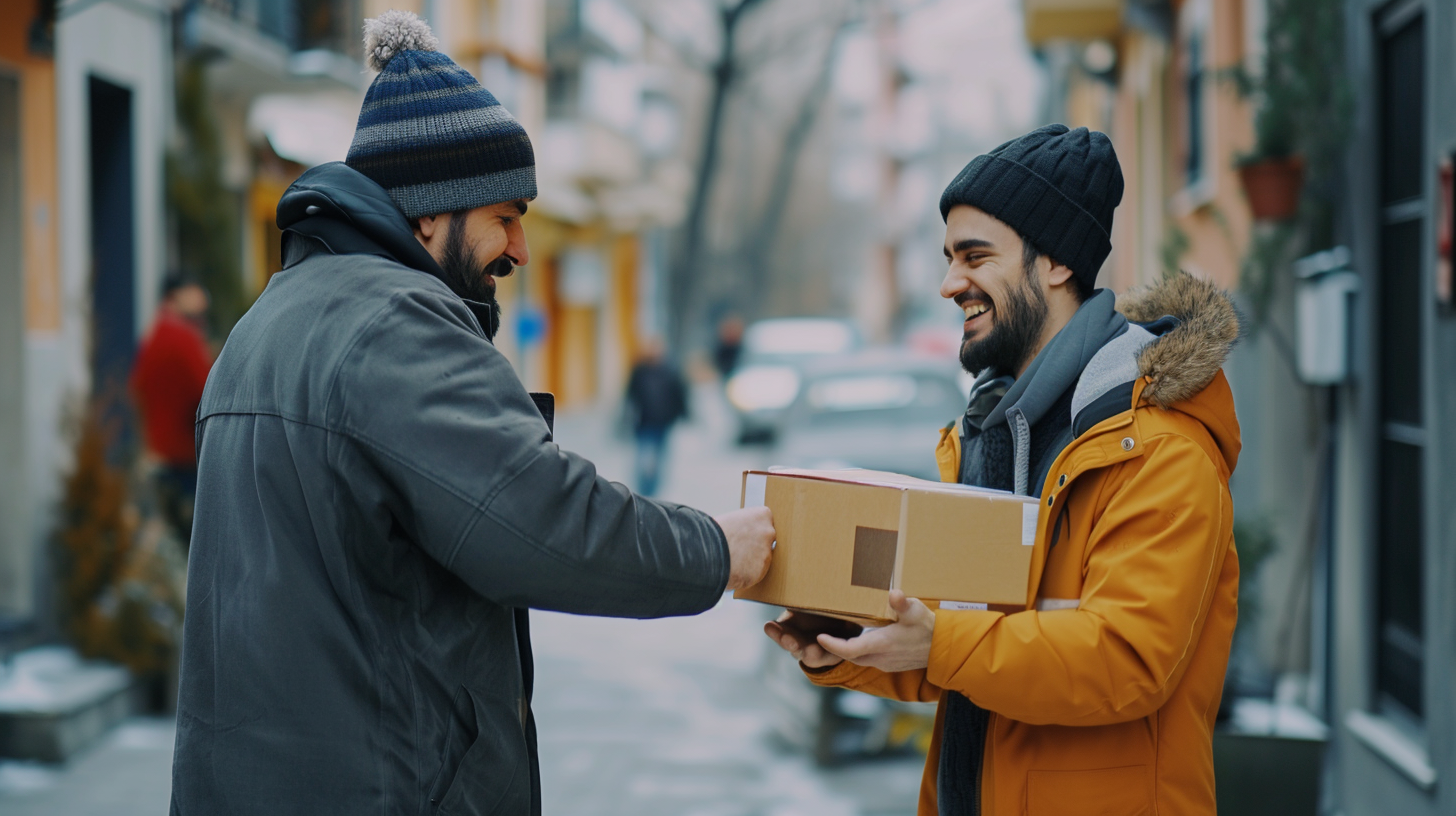 Delivery man handing box, smiling