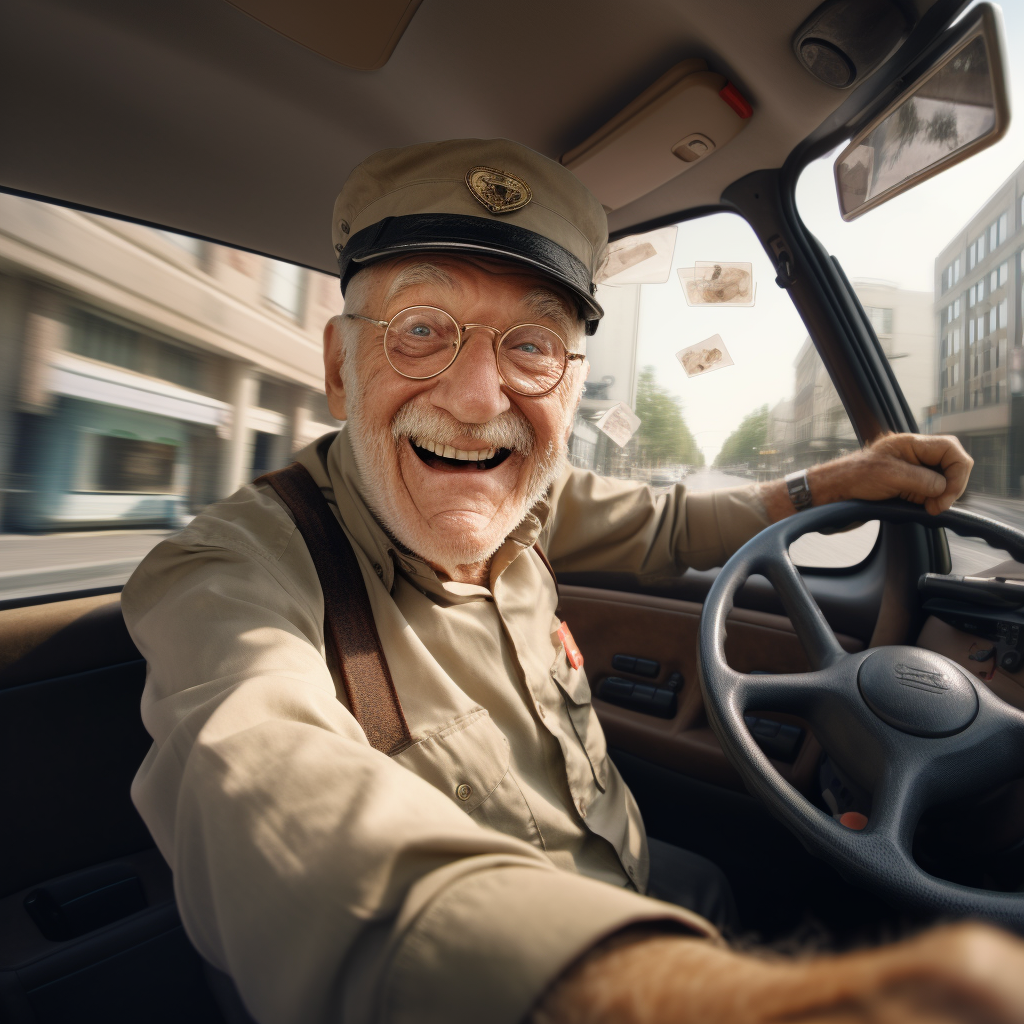 Elderly delivery man taking selfie in truck