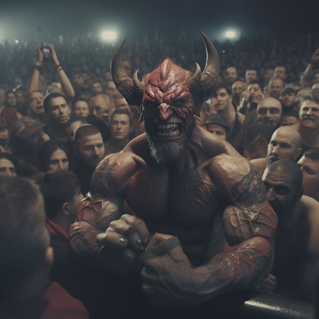 Front view of cheering demon and evils in boxing ring