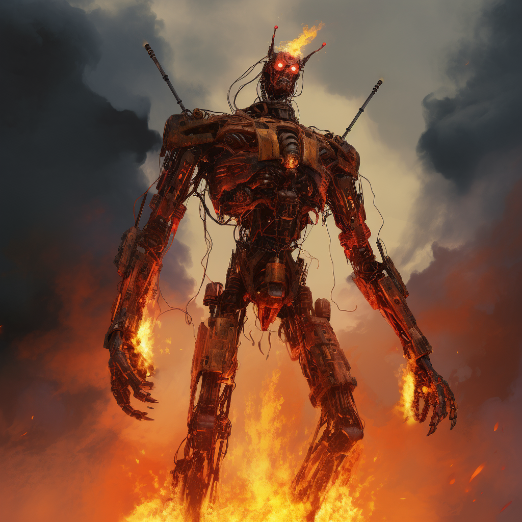 Mighty demon robot with flaming mace and helmet