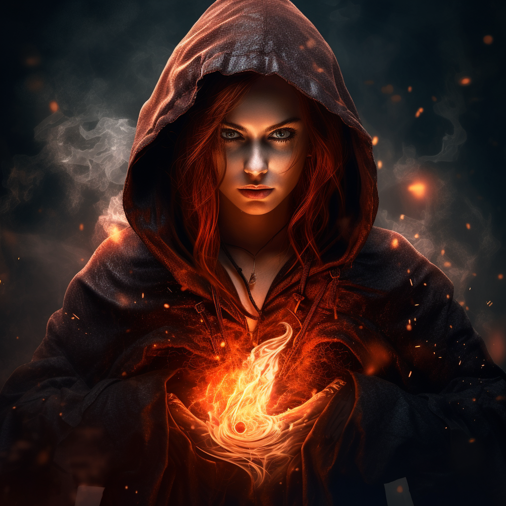 Beautiful demon woman with red hair in hooded cloak