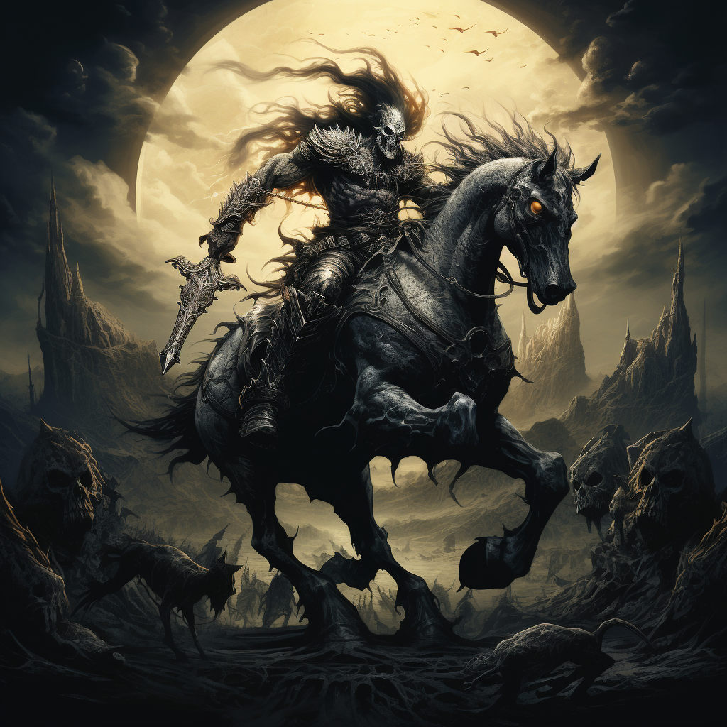 Muscular demon on moon riding horse on skulls