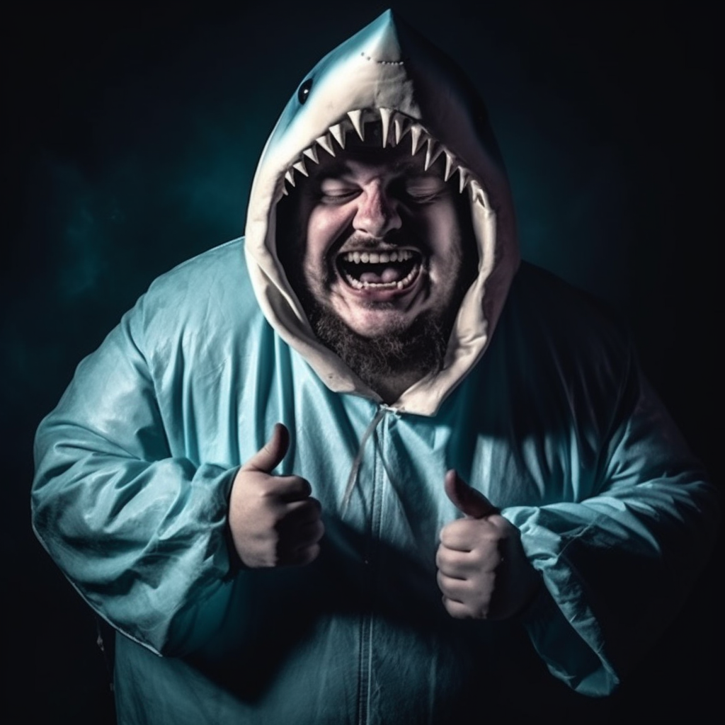 Demonic overweight man in shark costume