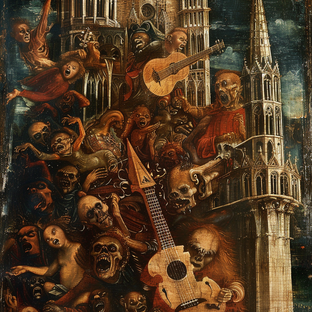 Demons playing guitars near cathedral