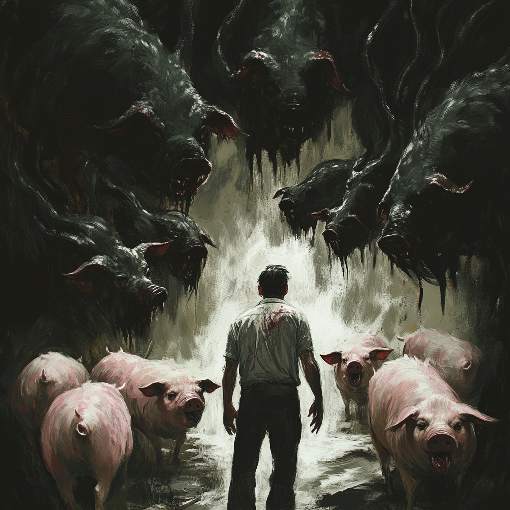 Demons leaving man entering pigs