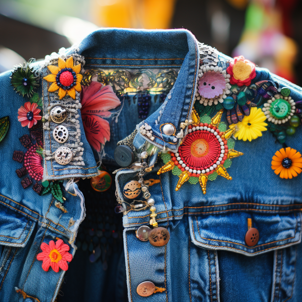 Denim jacket with hippie pins