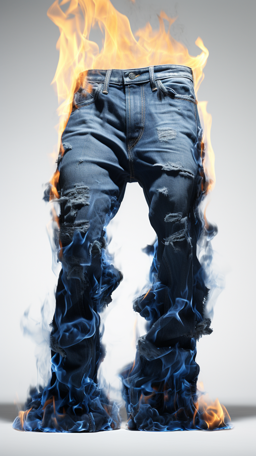 Burning denim pants on white background