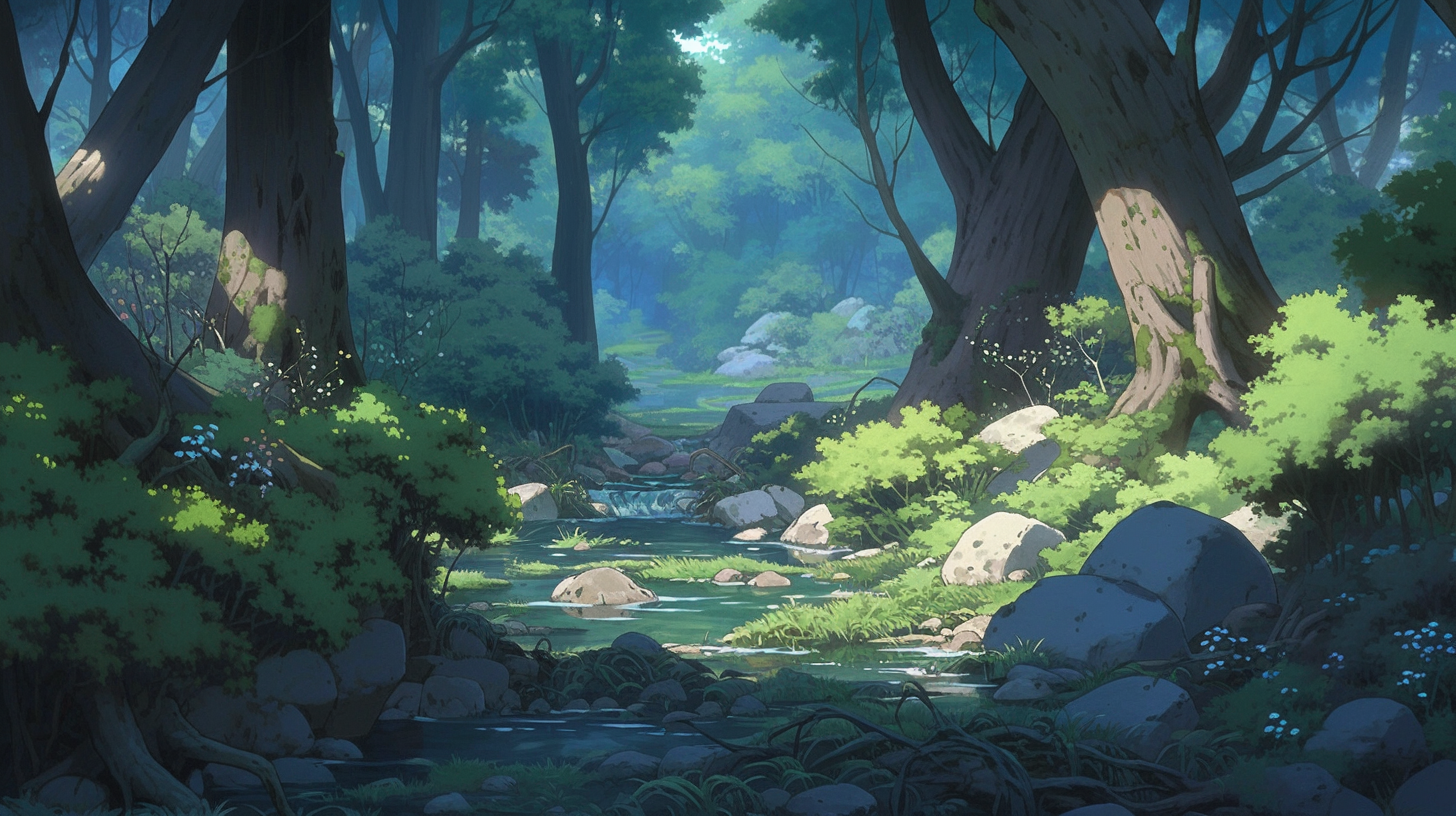 Serene dense forest with dappled shadows