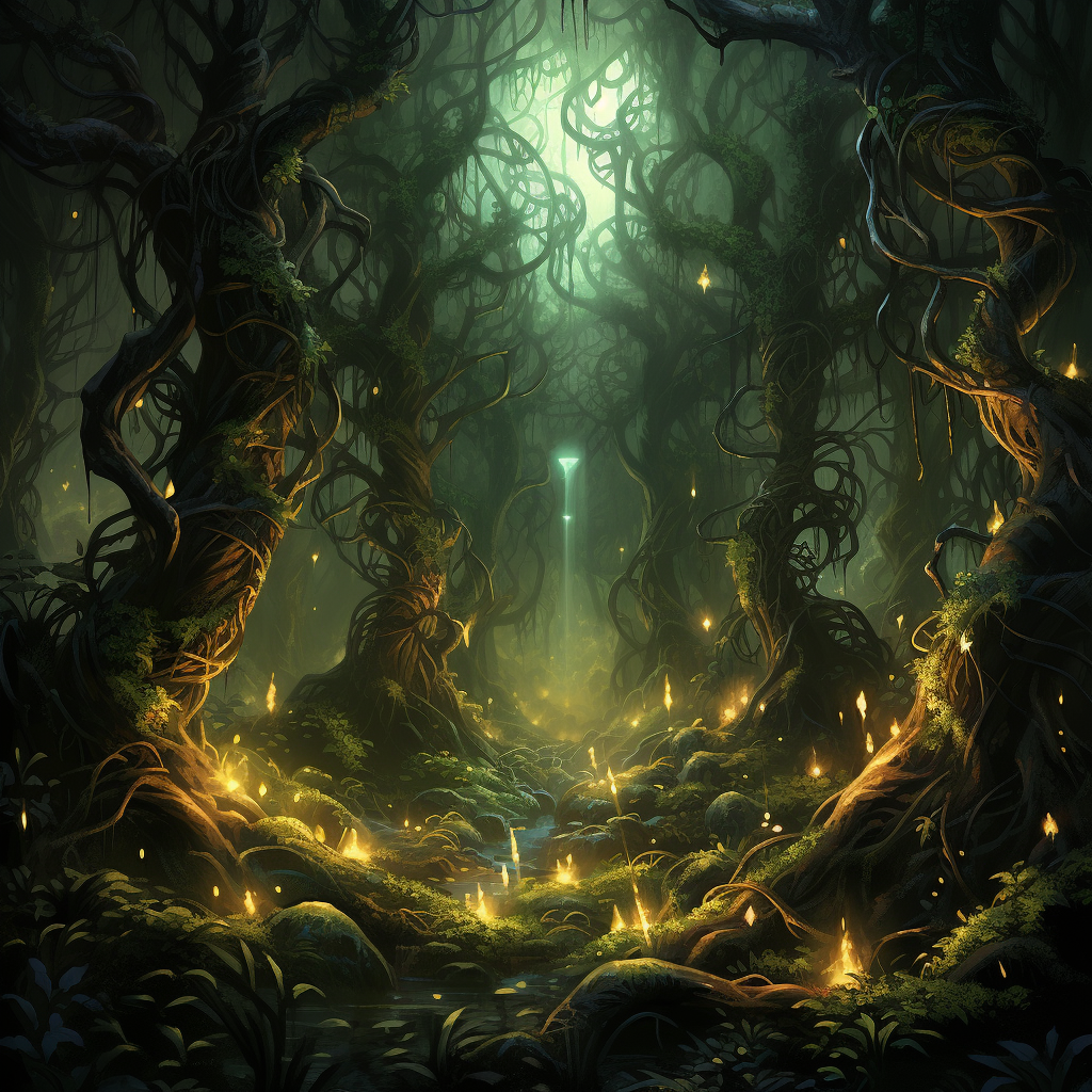 Enchanting densely forested area with glowing trees and strange plants