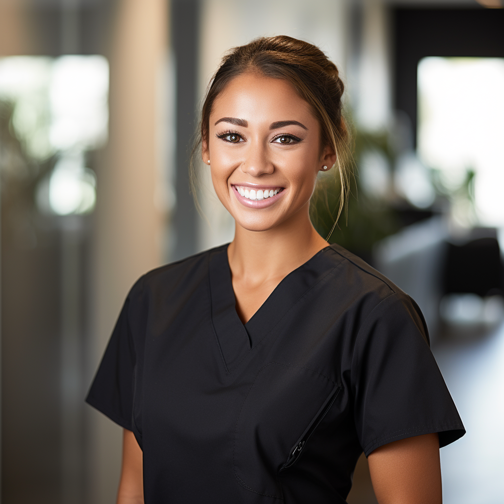 Female dental technician in black scrubs