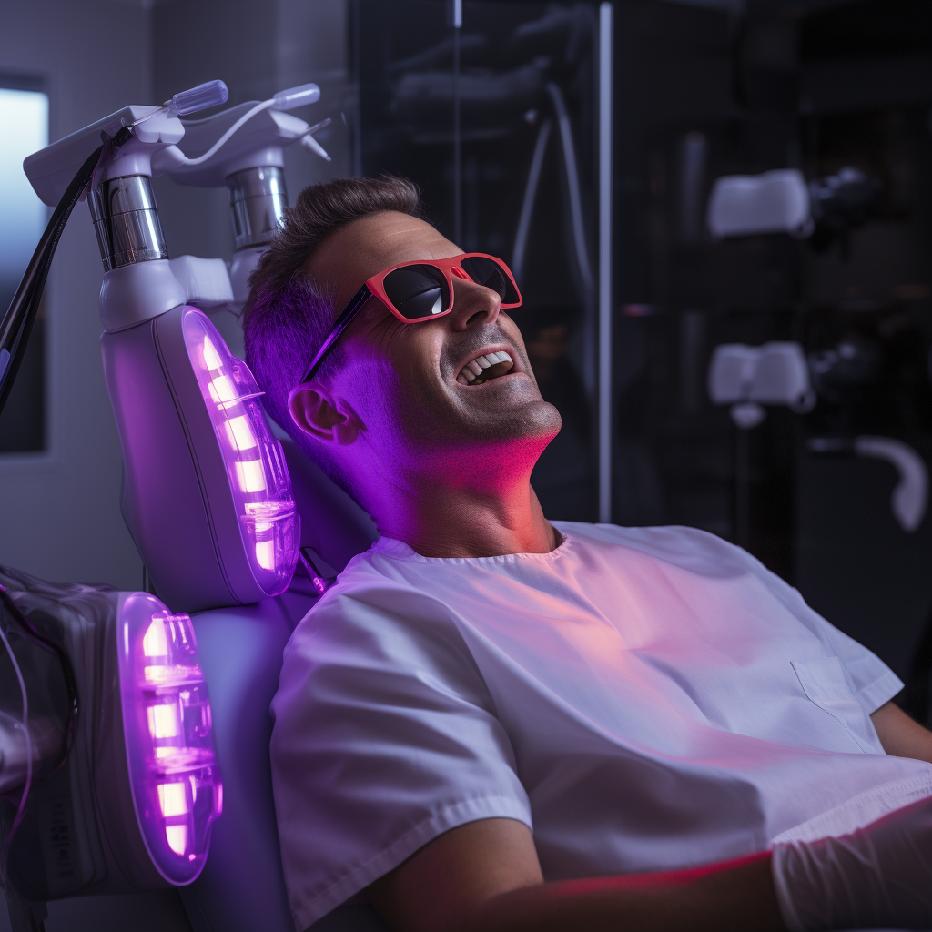 Dentist using UV lamp for tooth restoration