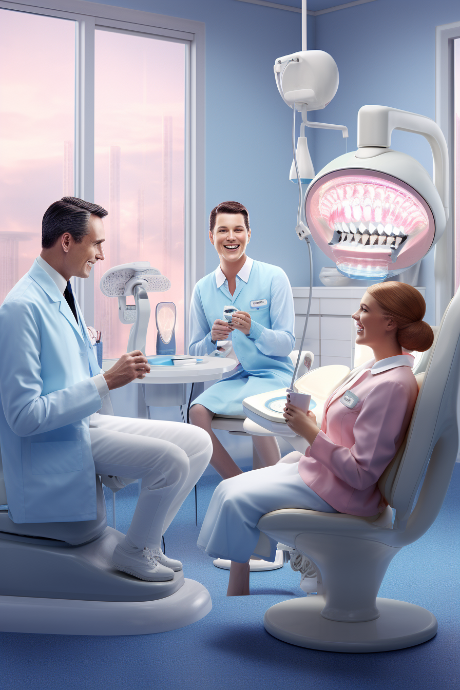 Realistic scene of a dentist clinic with receptionist and AI robot