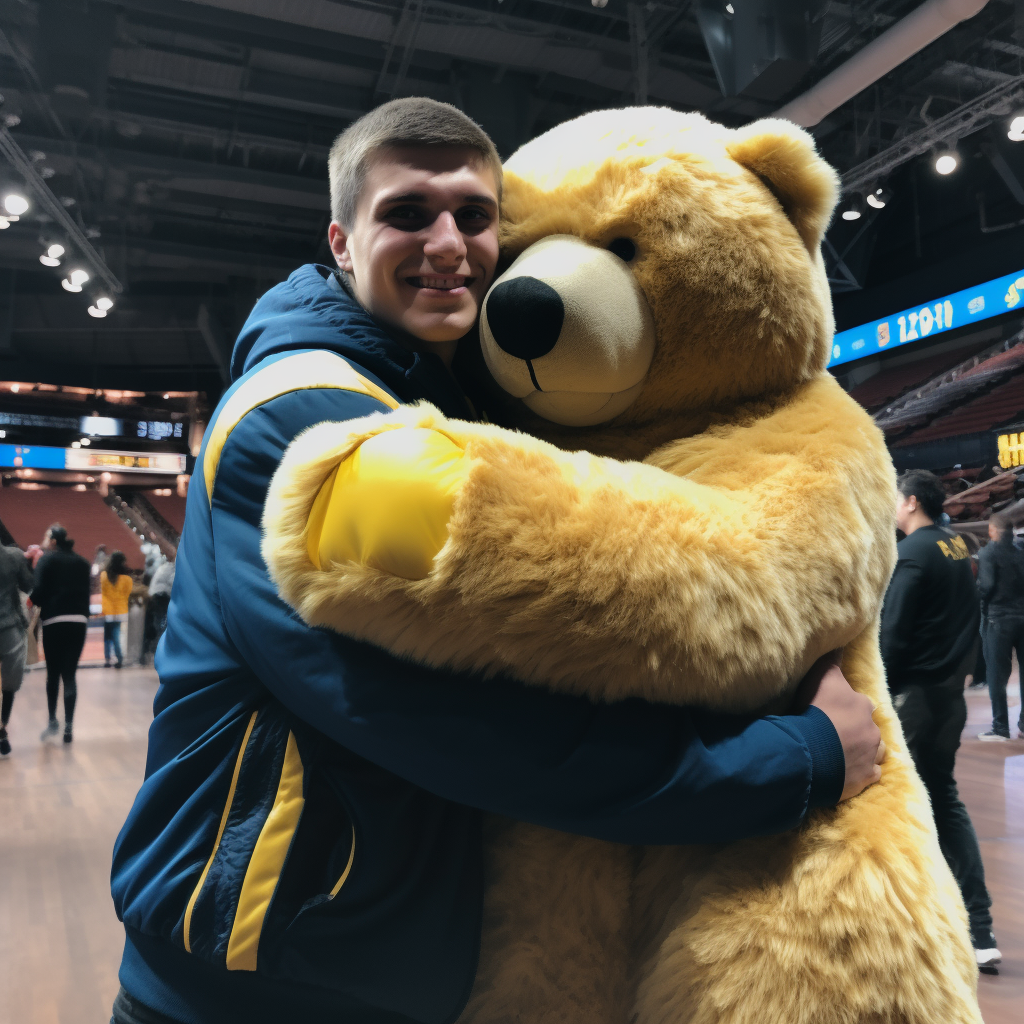 Nikola Jokic embracing a large teddy bear