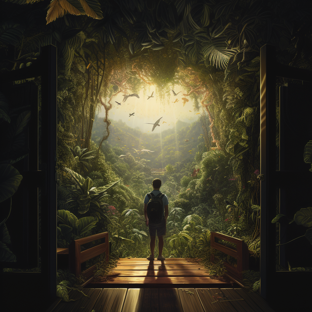 Person gazing through jungle doorway