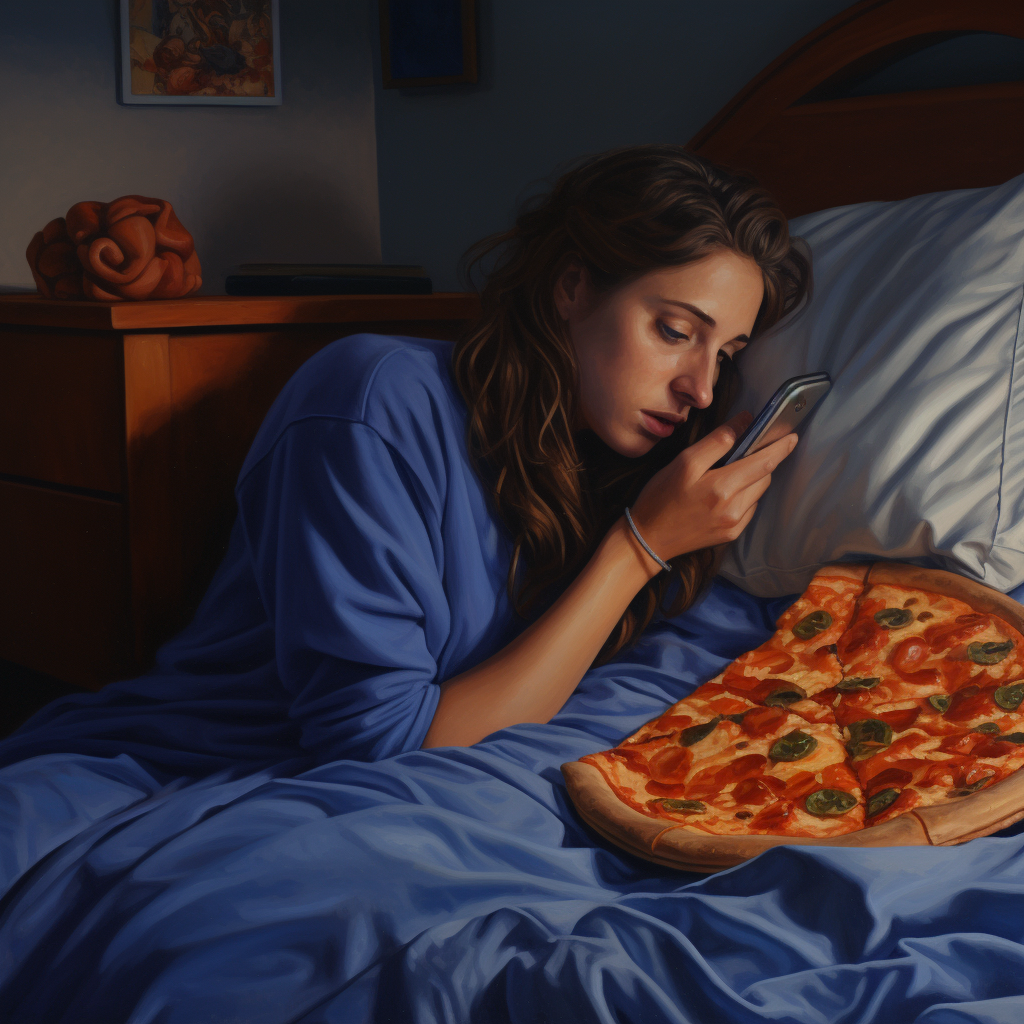 Person feeling down with phone and pizza slice on bed