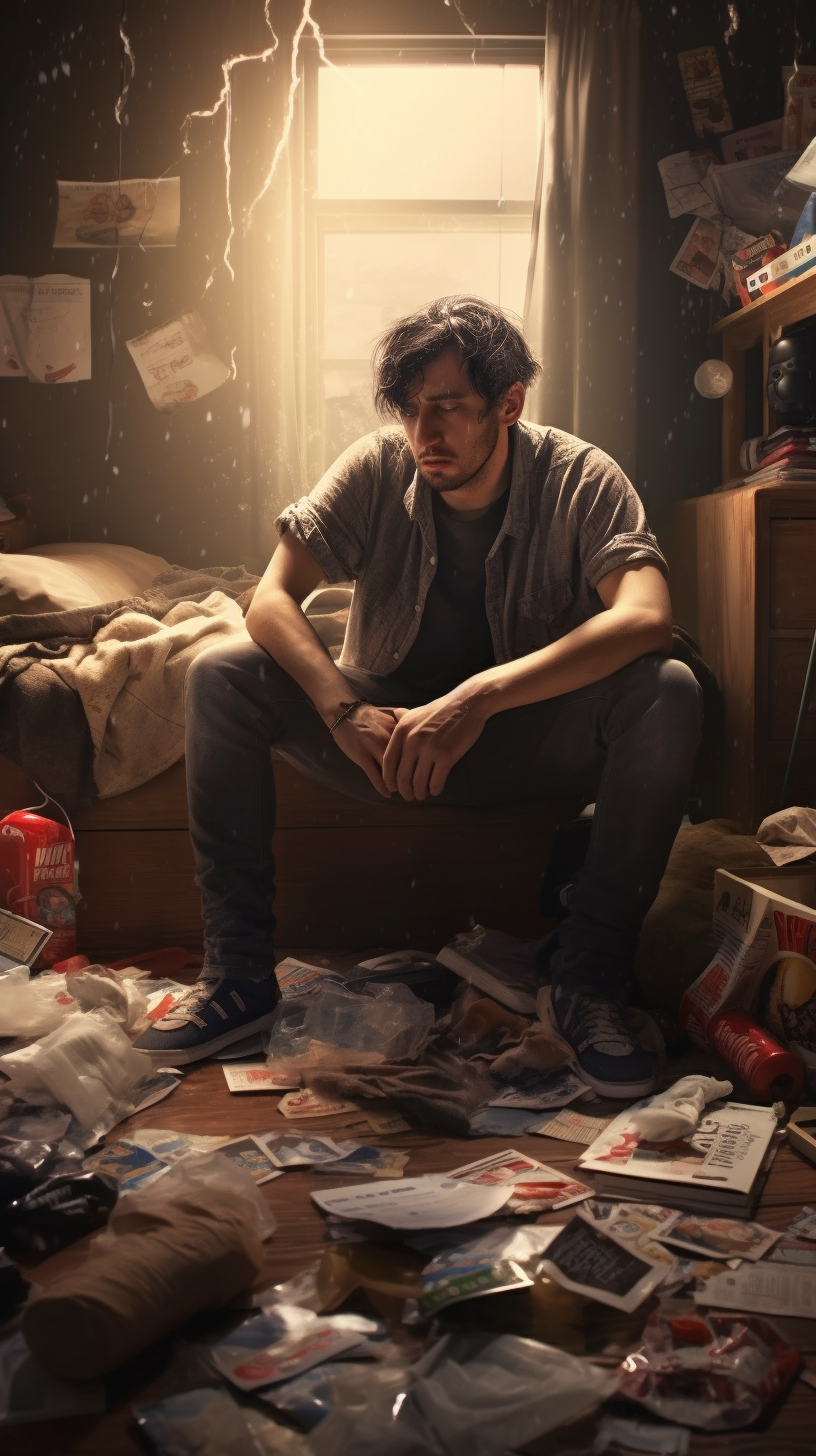 Depressed man cluttered room