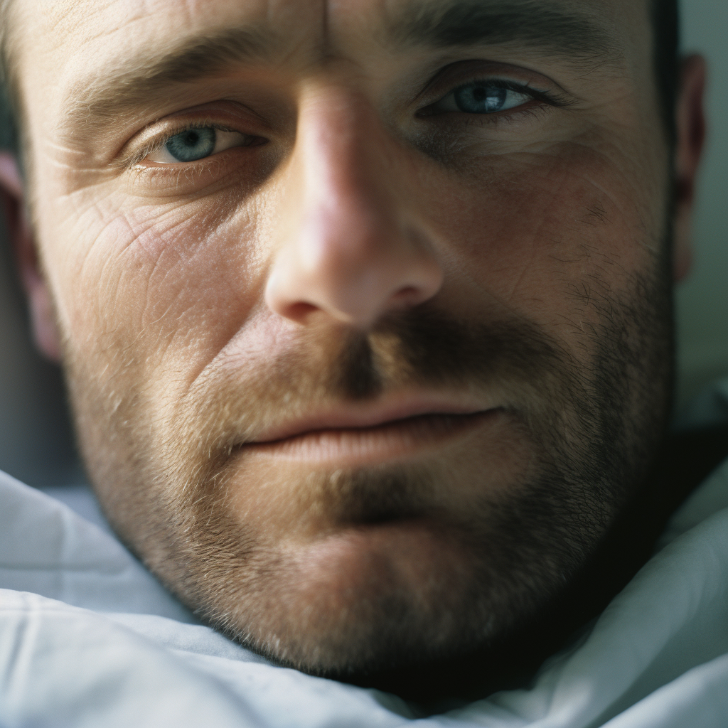 Depressed prisoner lying in hospital bed