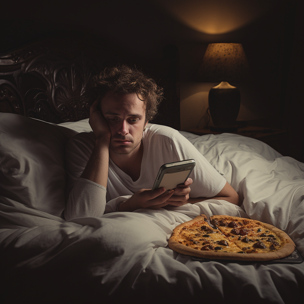 Depressed man lying on bed with phone and pizza