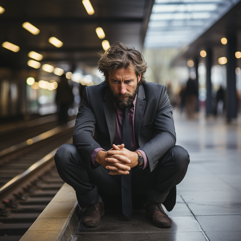 Depressed man in suit in public